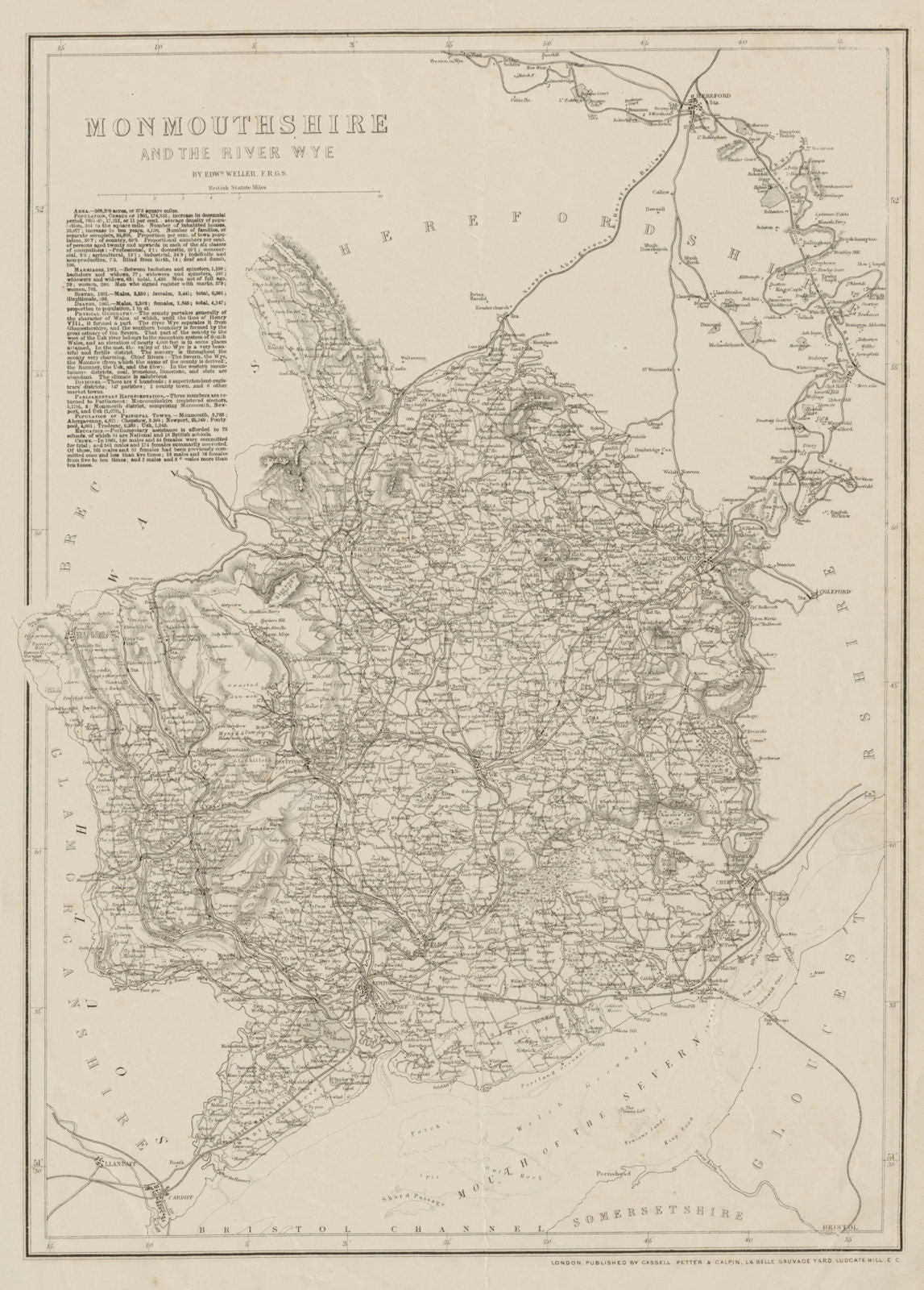 RIVER WYE VALLEY and MONMOUTHSHIRE antique county map. Railways. WELLER 1863